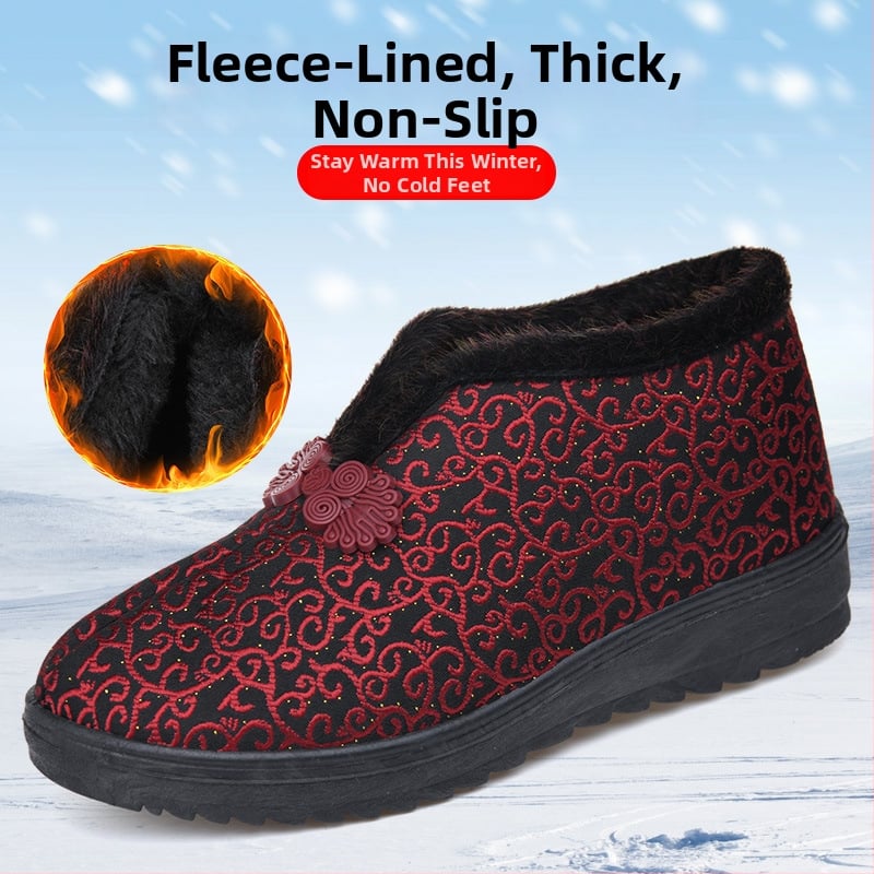 Γυναικεία χειμωνιάτικα παπούτσια από βαμβάκι με επένδυση τεχνητής γούνας, χαμηλό πάνω μέρος, στρογγυλή μύτη, καουτσούκ σόλα, φλοράλ μοτίβο