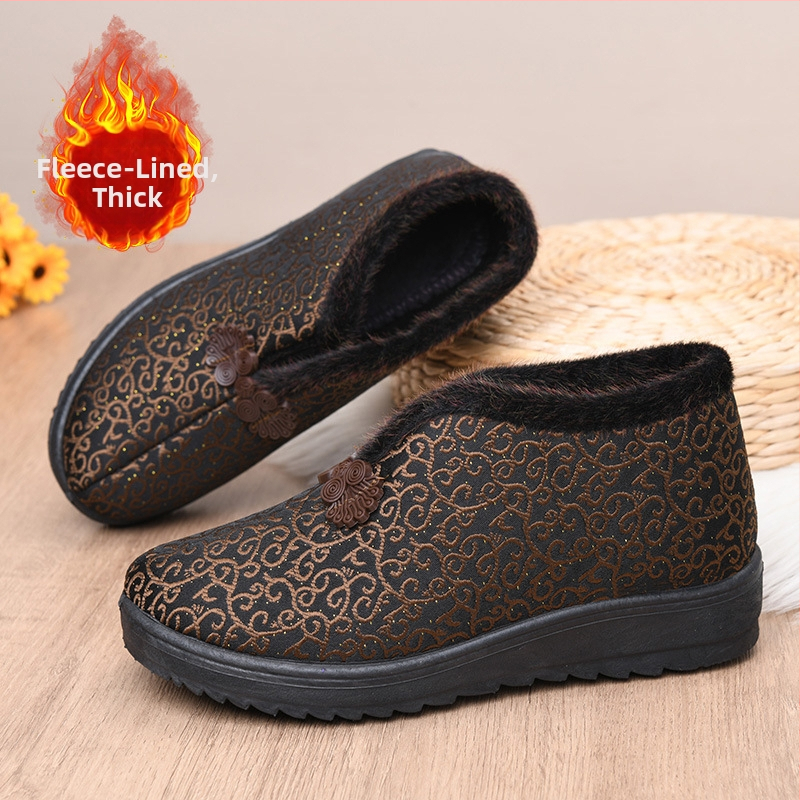 Γυναικεία χειμωνιάτικα παπούτσια από βαμβάκι με επένδυση τεχνητής γούνας, χαμηλό πάνω μέρος, στρογγυλή μύτη, καουτσούκ σόλα, φλοράλ μοτίβο