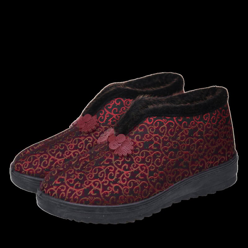 Γυναικεία χειμωνιάτικα παπούτσια από βαμβάκι με επένδυση τεχνητής γούνας, χαμηλό πάνω μέρος, στρογγυλή μύτη, καουτσούκ σόλα, φλοράλ μοτίβο