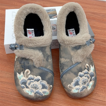 Γυναικεία χειμωνιάτικα βαμβακερά παπούτσια με εθνοτικό κεντημένο μοτίβο λουλουδιών και ζεστή επένδυση
