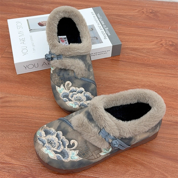 Γυναικεία χειμωνιάτικα βαμβακερά παπούτσια με εθνοτικό κεντημένο μοτίβο λουλουδιών και ζεστή επένδυση