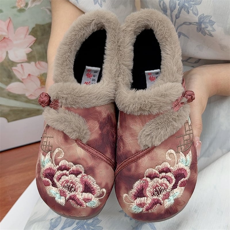 Γυναικεία χειμωνιάτικα βαμβακερά παπούτσια με εθνοτικό κεντημένο μοτίβο λουλουδιών και ζεστή επένδυση