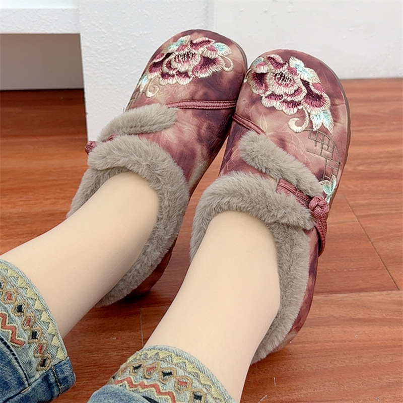 Γυναικεία χειμωνιάτικα βαμβακερά παπούτσια με εθνοτικό κεντημένο μοτίβο λουλουδιών και ζεστή επένδυση