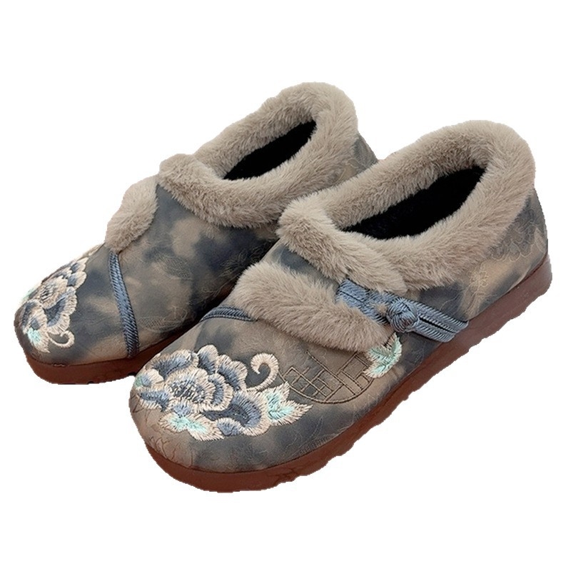 Γυναικεία χειμωνιάτικα βαμβακερά παπούτσια με εθνοτικό κεντημένο μοτίβο λουλουδιών και ζεστή επένδυση