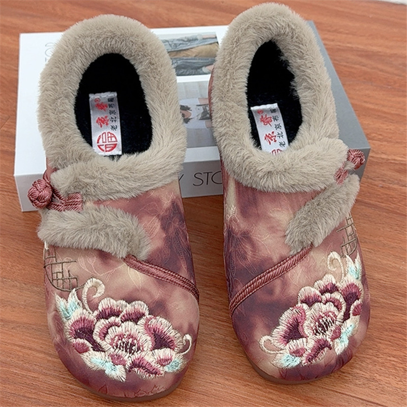 Γυναικεία χειμωνιάτικα βαμβακερά παπούτσια με εθνοτικό κεντημένο μοτίβο λουλουδιών και ζεστή επένδυση
