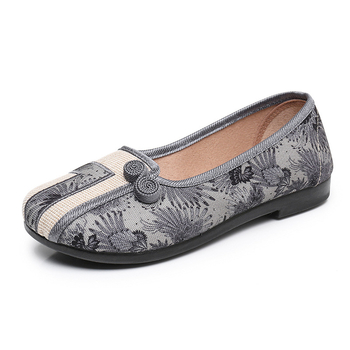 Női vászoncipő Old Beijing-stílusban, lélegző és könnyű, anti-slip PU talp, etnikus mintázat, alacsony sarka 1–3 cm, hálós bélés