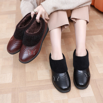 Χειμερινά γυναικεία βαμβακερά παπούτσια με επίπεδο τακούνι, χαμηλό επάνω μέρος, επένδυση από συνθετικό βελούδινο εσωτερικό, σόλα από τένοντα βοδιού