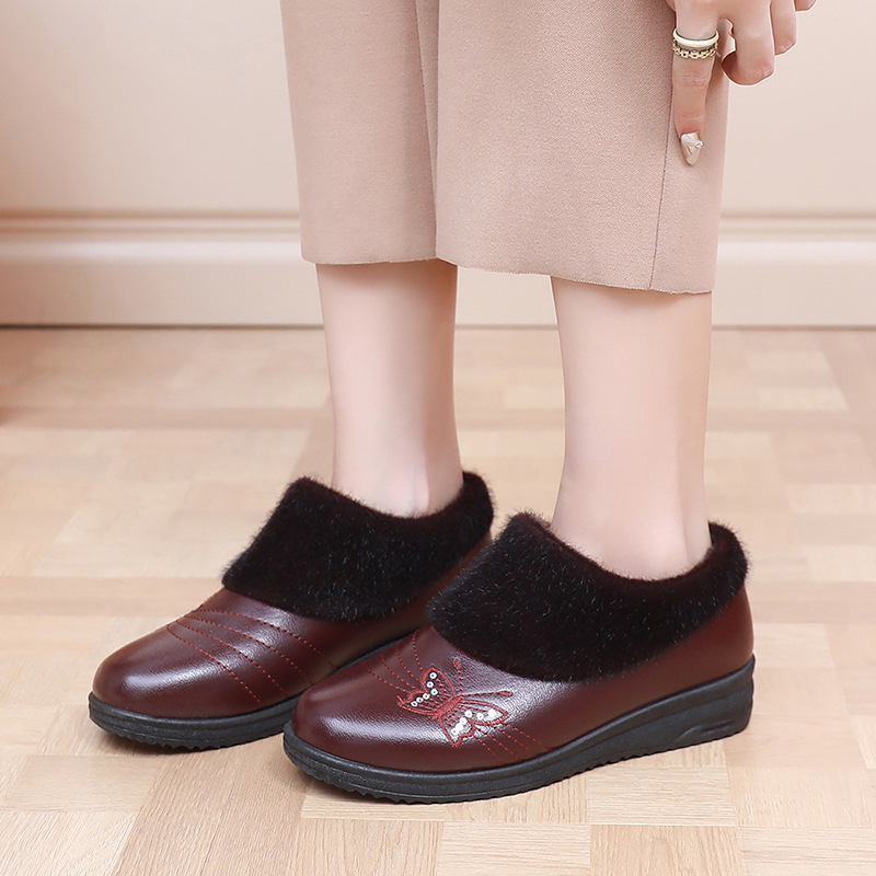 Χειμερινά γυναικεία βαμβακερά παπούτσια με επίπεδο τακούνι, χαμηλό επάνω μέρος, επένδυση από συνθετικό βελούδινο εσωτερικό, σόλα από τένοντα βοδιού