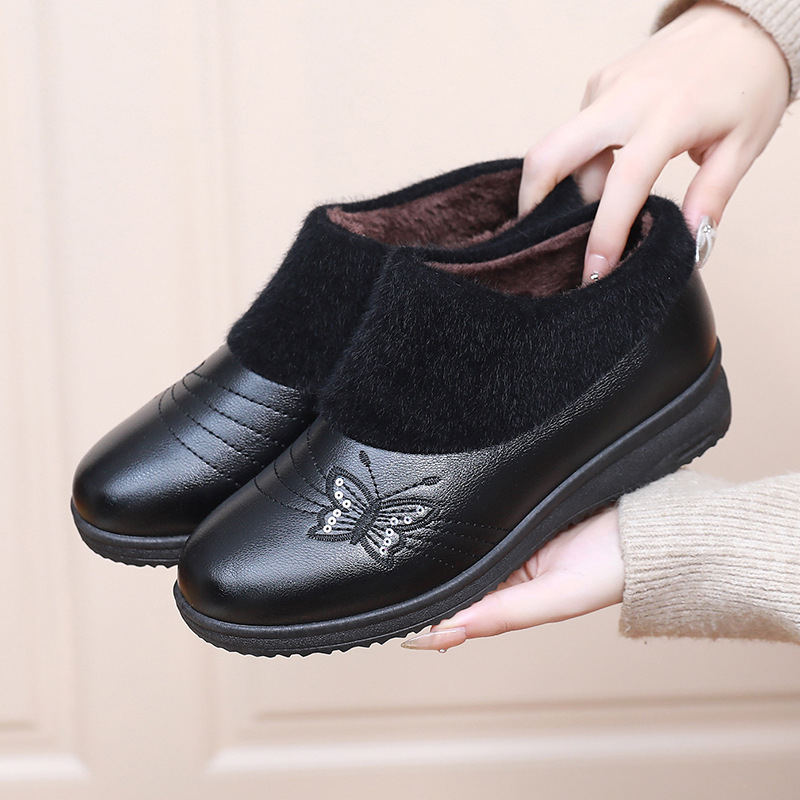 Χειμερινά γυναικεία βαμβακερά παπούτσια με επίπεδο τακούνι, χαμηλό επάνω μέρος, επένδυση από συνθετικό βελούδινο εσωτερικό, σόλα από τένοντα βοδιού