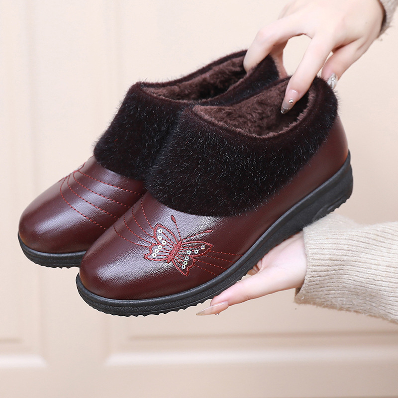 Χειμερινά γυναικεία βαμβακερά παπούτσια με επίπεδο τακούνι, χαμηλό επάνω μέρος, επένδυση από συνθετικό βελούδινο εσωτερικό, σόλα από τένοντα βοδιού