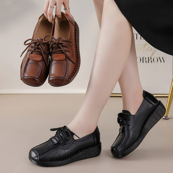 Γυναικείες δερμάτινες πλατφόρμες με σφήνα, με κορδόνια, EVA πάτος, αντιολισθητική σόλα