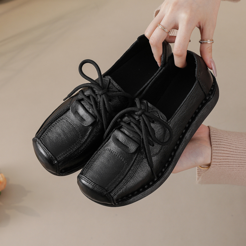 Γυναικείες δερμάτινες πλατφόρμες με σφήνα, με κορδόνια, EVA πάτος, αντιολισθητική σόλα