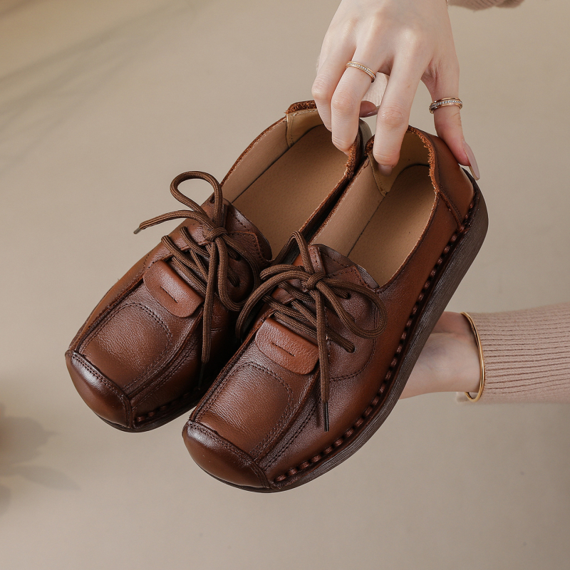 Γυναικείες δερμάτινες πλατφόρμες με σφήνα, με κορδόνια, EVA πάτος, αντιολισθητική σόλα