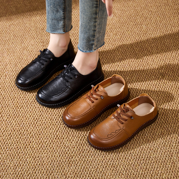 Γυναικεία vintage παπούτσια με στρογγυλό δάχτυλο, αντιολισθητική και ανθεκτική σόλα, πάνω μέρος από πρώτο στρώμα βοδινού δέρματος, πάτος PU, ιδανικά για άνοιξη-φθινόπωρο