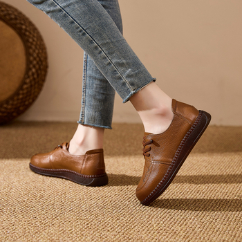 Γυναικεία vintage παπούτσια με στρογγυλό δάχτυλο, αντιολισθητική και ανθεκτική σόλα, πάνω μέρος από πρώτο στρώμα βοδινού δέρματος, πάτος PU, ιδανικά για άνοιξη-φθινόπωρο