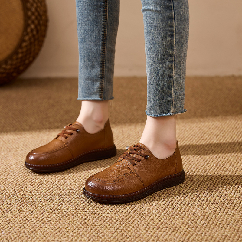 Γυναικεία vintage παπούτσια με στρογγυλό δάχτυλο, αντιολισθητική και ανθεκτική σόλα, πάνω μέρος από πρώτο στρώμα βοδινού δέρματος, πάτος PU, ιδανικά για άνοιξη-φθινόπωρο