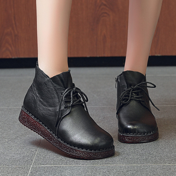 Γυναικείες βαμβακερές παπούτσια με επένδυση fleece – ρετρό στυλ, μεσαίο ύψος πάνω, δέσιμο μπροστά, χαμηλό τακούνι, επάνω από δέρμα βοδιού, σόλα από τένοντα βοδινού