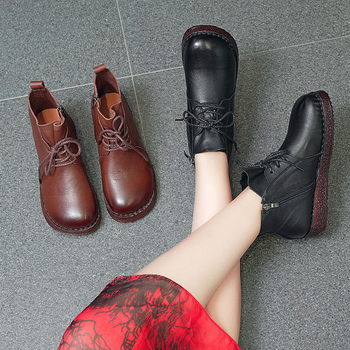 Γυναικείες βαμβακερές παπούτσια με επένδυση fleece – ρετρό στυλ, μεσαίο ύψος πάνω, δέσιμο μπροστά, χαμηλό τακούνι, επάνω από δέρμα βοδιού, σόλα από τένοντα βοδινού