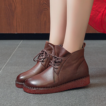 Γυναικείες βαμβακερές παπούτσια με επένδυση fleece – ρετρό στυλ, μεσαίο ύψος πάνω, δέσιμο μπροστά, χαμηλό τακούνι, επάνω από δέρμα βοδιού, σόλα από τένοντα βοδινού