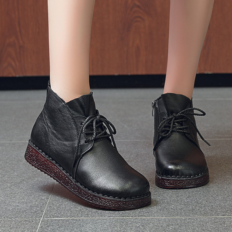 Γυναικείες βαμβακερές παπούτσια με επένδυση fleece – ρετρό στυλ, μεσαίο ύψος πάνω, δέσιμο μπροστά, χαμηλό τακούνι, επάνω από δέρμα βοδιού, σόλα από τένοντα βοδινού