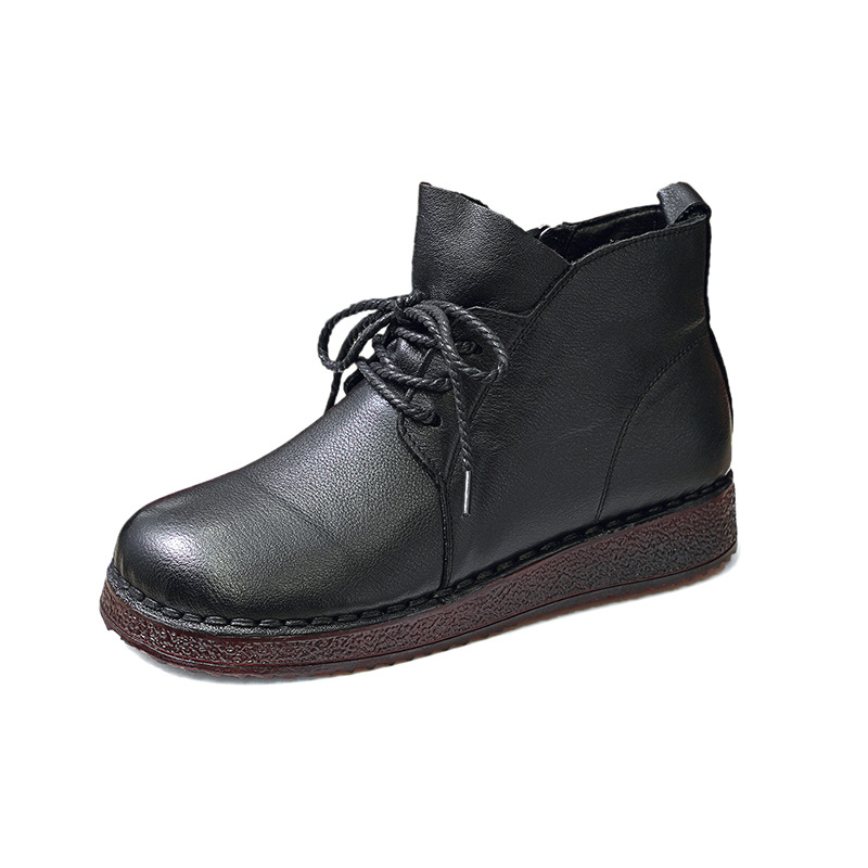 Γυναικείες βαμβακερές παπούτσια με επένδυση fleece – ρετρό στυλ, μεσαίο ύψος πάνω, δέσιμο μπροστά, χαμηλό τακούνι, επάνω από δέρμα βοδιού, σόλα από τένοντα βοδινού