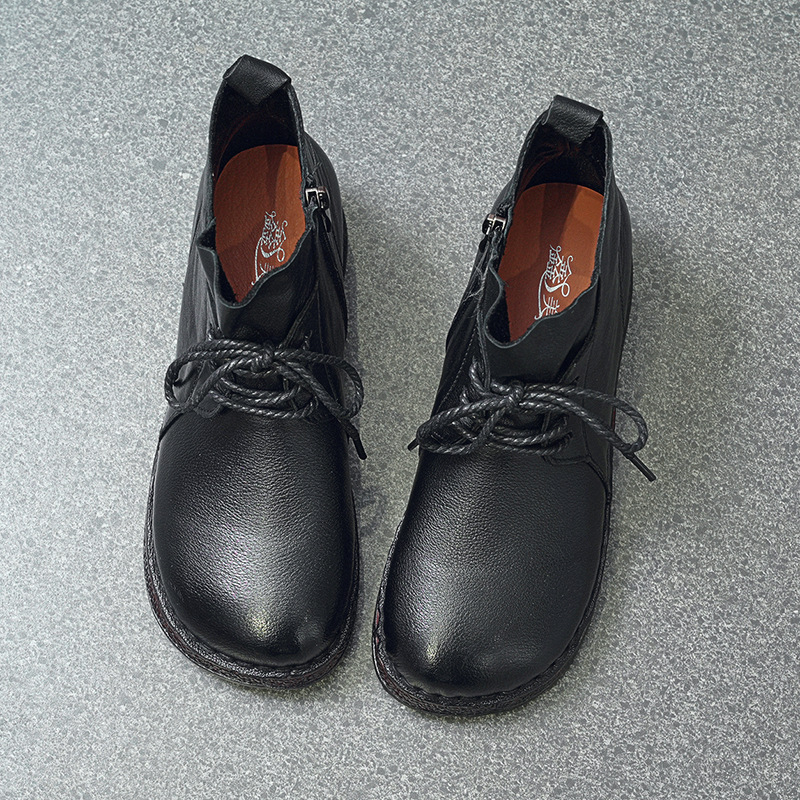 Γυναικείες βαμβακερές παπούτσια με επένδυση fleece – ρετρό στυλ, μεσαίο ύψος πάνω, δέσιμο μπροστά, χαμηλό τακούνι, επάνω από δέρμα βοδιού, σόλα από τένοντα βοδινού