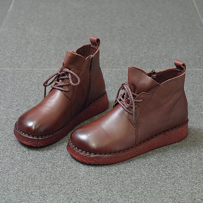 Γυναικείες βαμβακερές παπούτσια με επένδυση fleece – ρετρό στυλ, μεσαίο ύψος πάνω, δέσιμο μπροστά, χαμηλό τακούνι, επάνω από δέρμα βοδιού, σόλα από τένοντα βοδινού