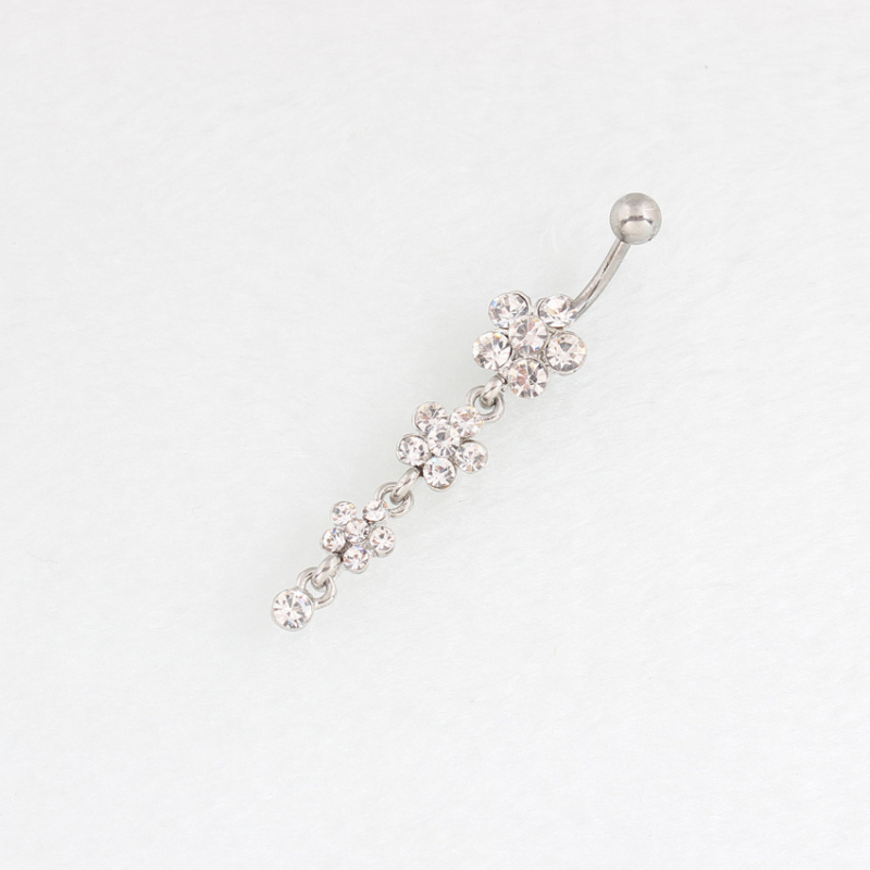 Pupčani prsten s cvjetnim dizajnom, zakrivljeni štap, legura, dijamantno prekrivanje