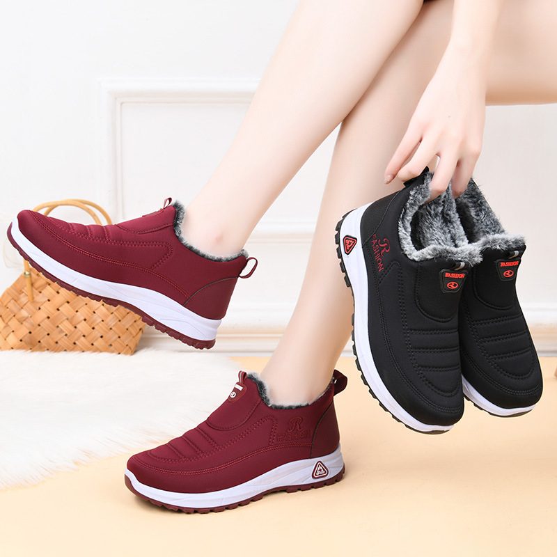 Pantofi de iarnă din bumbac pentru femei, căptușiți cu fleece, partea superioară medie, talpă din cauciuc, vârf rotund, stil casual, slip-on