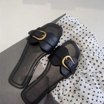 Ženske ploske sandale s retro kopčom za ljeto, prozračne i lagane (Gornji materijal: mikrovlakna koža; Potplat: guma; Unutrašnjost: mikrovlakna; Stil: korejska verzija; Sezona: ljeto 2024)