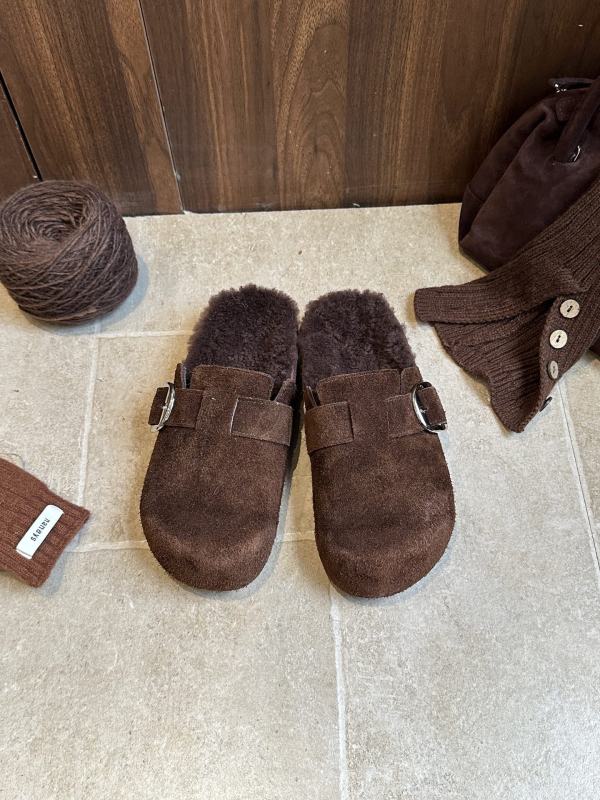 Birkenstock stil tople zatvorene papuče s debelim potplatom 3–5 cm, gornji materijal kravlji suede, unutarnja podstava od vune, protuklizna potplata
