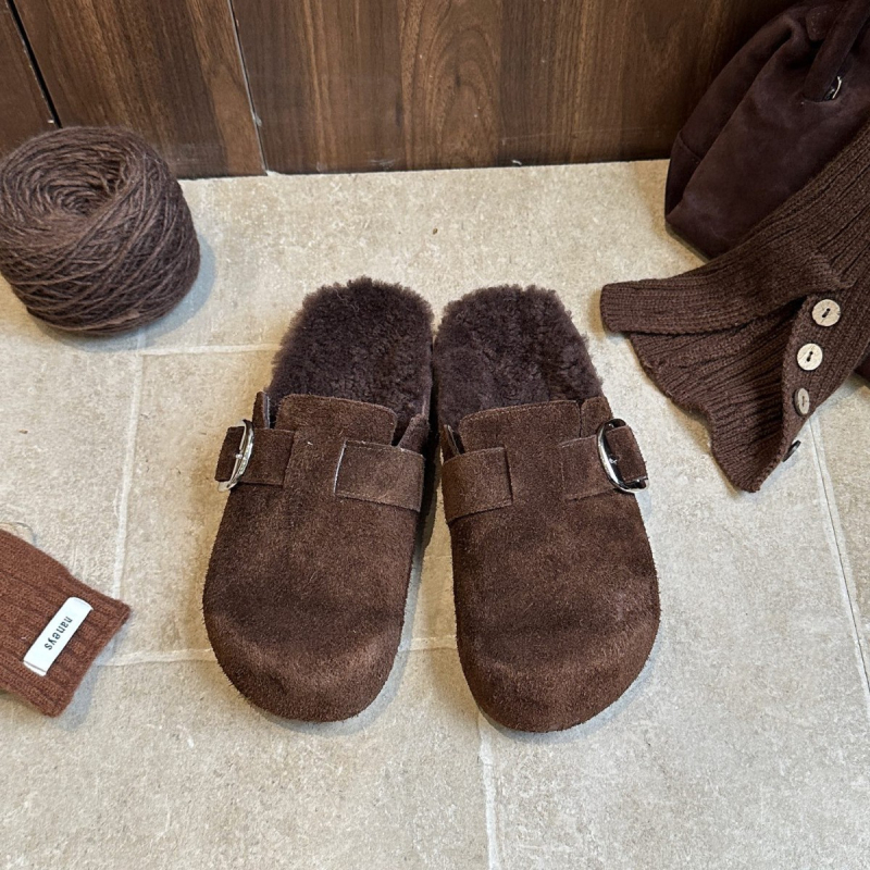Birkenstock stil tople zatvorene papuče s debelim potplatom 3–5 cm, gornji materijal kravlji suede, unutarnja podstava od vune, protuklizna potplata
