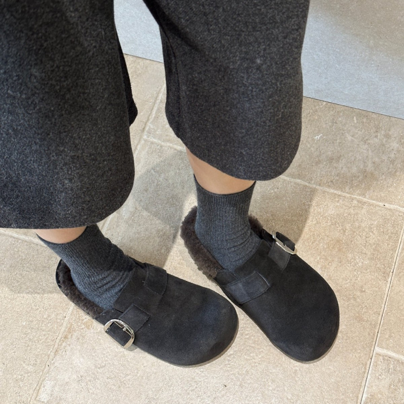 Birkenstock stil tople zatvorene papuče s debelim potplatom 3–5 cm, gornji materijal kravlji suede, unutarnja podstava od vune, protuklizna potplata