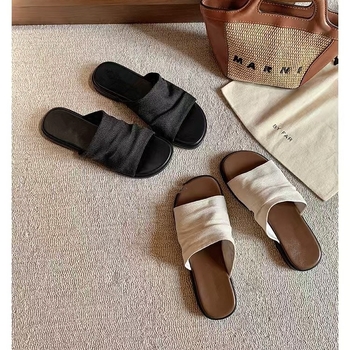 Lanene ravne sandale, koreanskog stila, podstava od pigskin kože, gumena potplata, slip-on, debljina potplata 0–3 cm