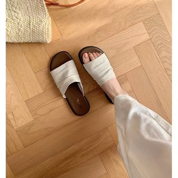 Lanene ravne sandale, koreanskog stila, podstava od pigskin kože, gumena potplata, slip-on, debljina potplata 0–3 cm
