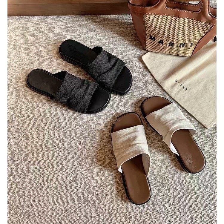 Lanene ravne sandale, koreanskog stila, podstava od pigskin kože, gumena potplata, slip-on, debljina potplata 0–3 cm