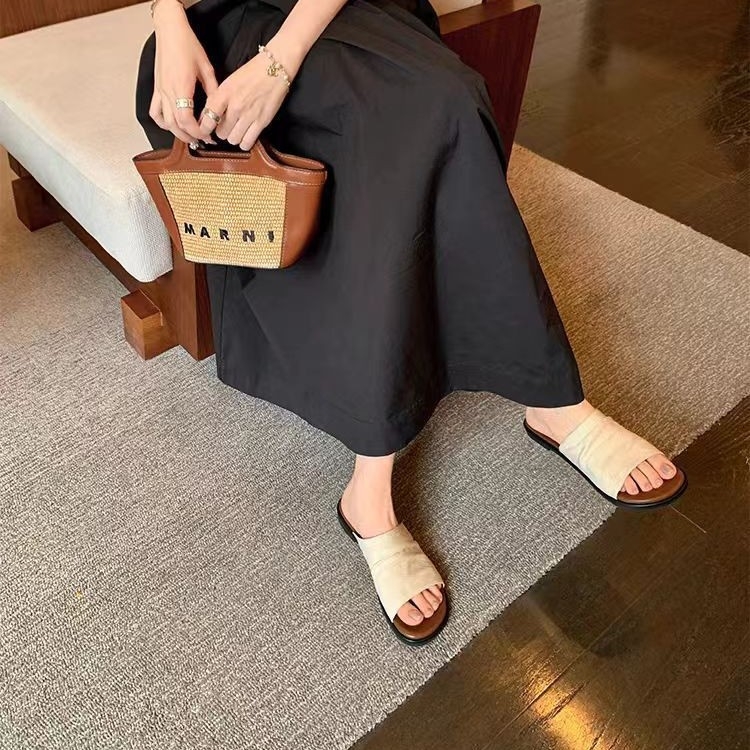 Lanene ravne sandale, koreanskog stila, podstava od pigskin kože, gumena potplata, slip-on, debljina potplata 0–3 cm