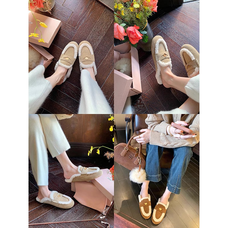 Slip-on papuče s ovčou vlnou vo vnútri, zlatá minca ozdoba, EVA podrážka, na jeseň/zimu, každodenné nosenie