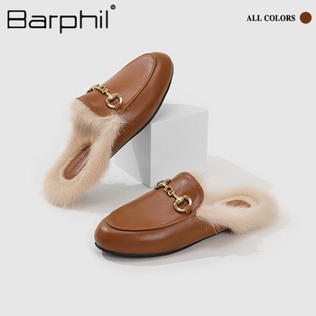 Barphil ženske papuče s krznom, Horsebit detalj, gornji dio PU kože, TPR potplat, ravna peta, jesen-zima 2025