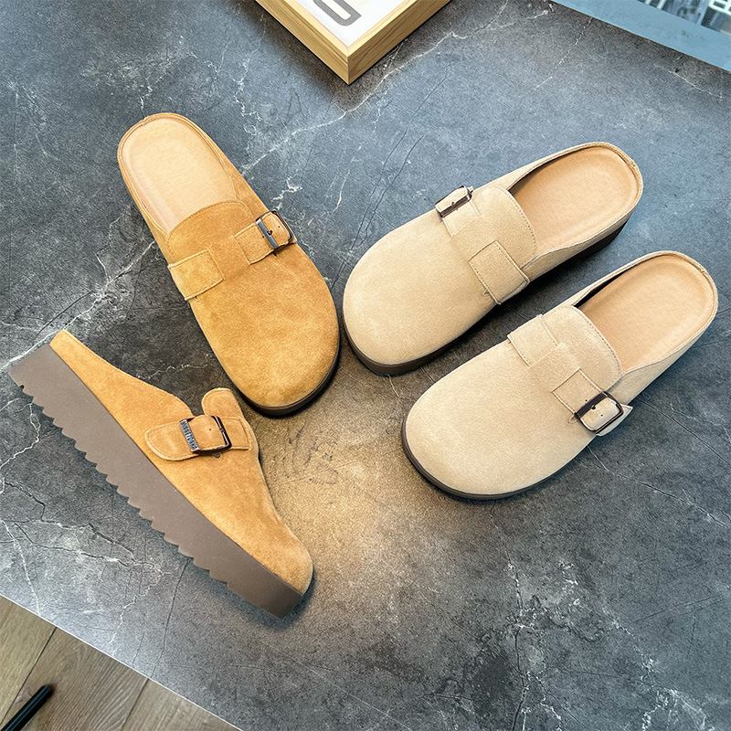 Ženske papuče s zatvorenim prstom, casual outdoor plitke sandale (Gornji materijal: Cow Velvet; Potplat: prirodni kaučuk; Unutarnji materijal: uvođeni PU; Debljina potplata: 3–5 cm; Ravna potplata)