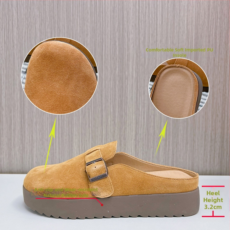 Ženske papuče s zatvorenim prstom, casual outdoor plitke sandale (Gornji materijal: Cow Velvet; Potplat: prirodni kaučuk; Unutarnji materijal: uvođeni PU; Debljina potplata: 3–5 cm; Ravna potplata)