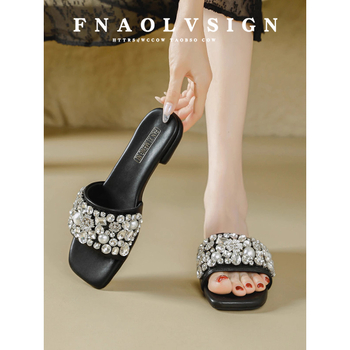 Ženske sandale s rhinestones i debelim potplatom, slip-on, PU gornji dio, gumeni potplat, debljina potplata 0–3 cm