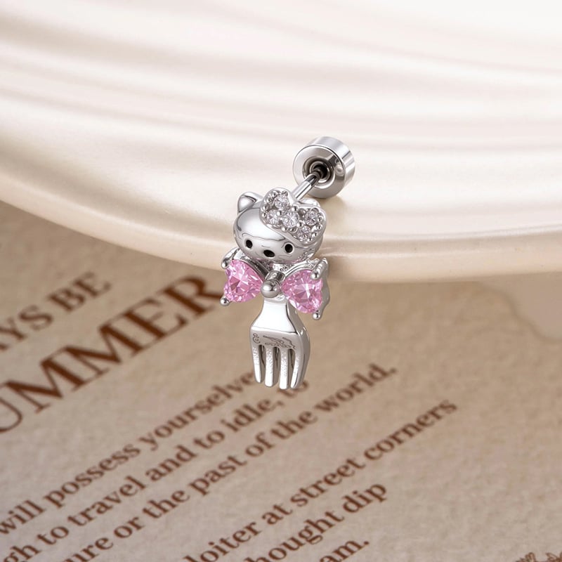 Pīrsingu rotas – kaķa motīvs, kaklaraiša forma, metāls, balts kristāls, dimanta apdare, stils: sievietēm / zīmējums, modelis A-775, rudens 2025