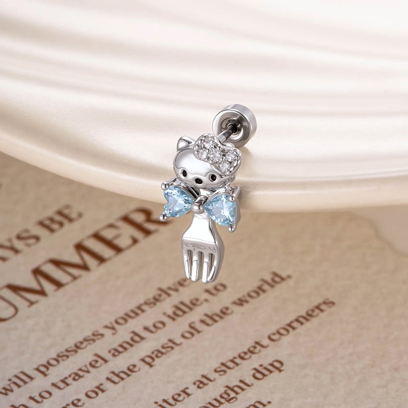 Pīrsingu rotas – kaķa motīvs, kaklaraiša forma, metāls, balts kristāls, dimanta apdare, stils: sievietēm / zīmējums, modelis A-775, rudens 2025