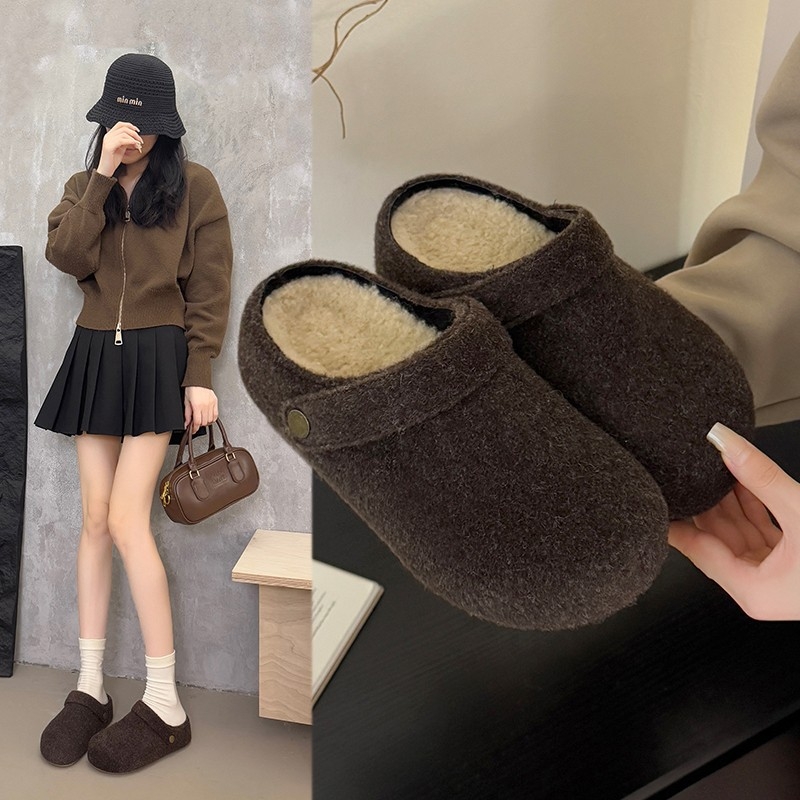 Birkenstock-stil platformske papuče s gornjim dijelom od umjetnog pliša, unutarnja proziva umjetnom dlakom, gumena potplata, visina platforme 0–3 cm, jesen-zima 2025