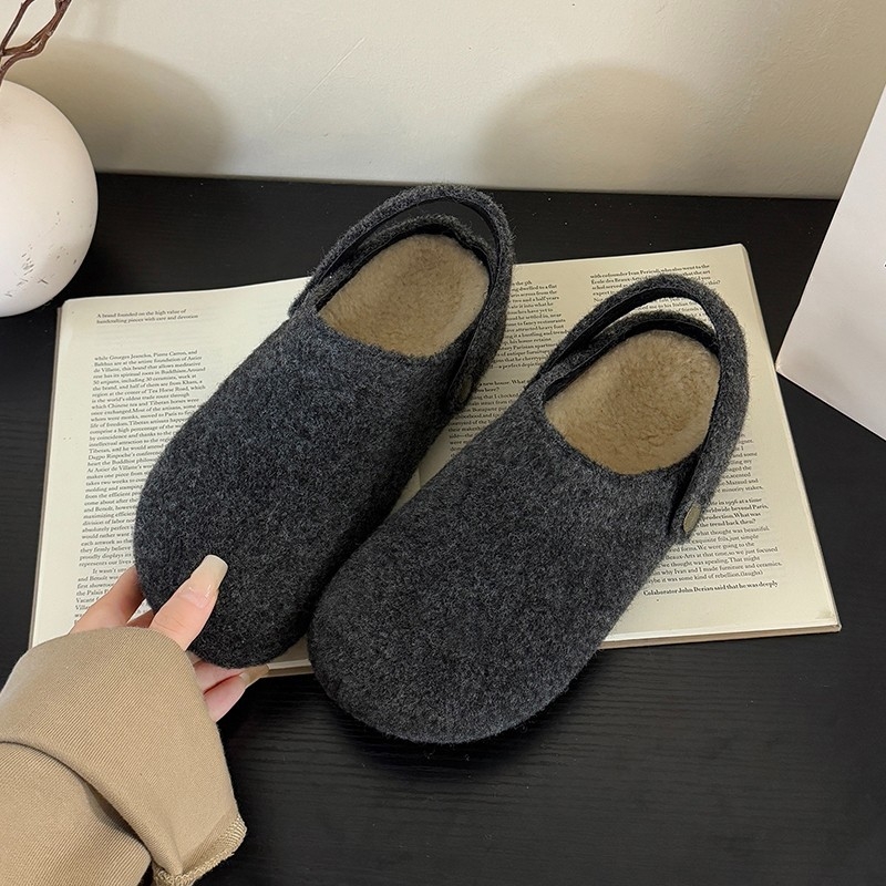 Birkenstock-stil platformske papuče s gornjim dijelom od umjetnog pliša, unutarnja proziva umjetnom dlakom, gumena potplata, visina platforme 0–3 cm, jesen-zima 2025