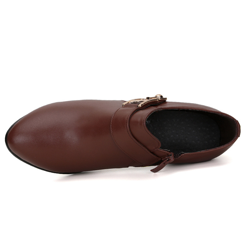 Дамски обувки от естествена кожа, дишащи, с страничен цип, закръглен нос, висок ток 6-8 см, подметка от полиуретан, подплата от памук, за пролетно-есенен сезон