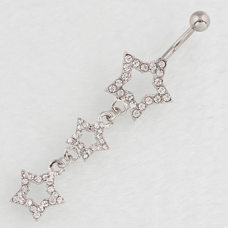 Prsten pupka s petokrakom zvijezdom, zakrivljeni štap, medicinska nehrđajuća čelika, dijamantno završetak, mogućnost prilagodbe