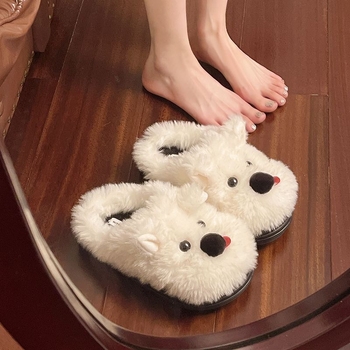 Naiste sussid koerukese motiiviga, veluurist pealises, ümmarguse otsaga, lame kand, EVA talla, kunstliku karusnahaga vooder