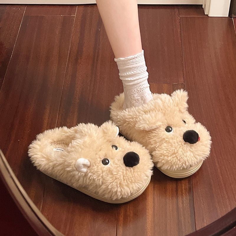 Naiste sussid koerukese motiiviga, veluurist pealises, ümmarguse otsaga, lame kand, EVA talla, kunstliku karusnahaga vooder